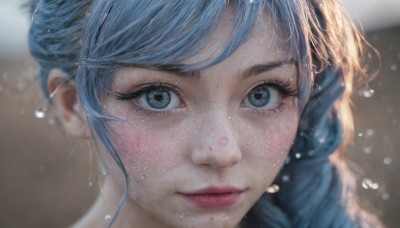 1girl,solo,long hair,looking at viewer,bangs,blue eyes,closed mouth,blue hair,braid,blurry,lips,wet,eyelashes,single braid,depth of field,blurry background,swept bangs,portrait,close-up,freckles,water drop,realistic,nose,wet hair,eye focus,expressionless