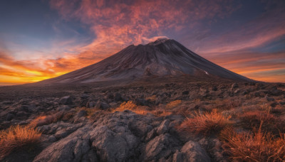 outdoors, sky, cloud, no humans, cloudy sky, grass, scenery, sunset, rock, mountain, landscape