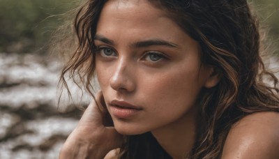 1girl,solo,long hair,looking at viewer,blue eyes,brown hair,parted lips,blurry,lips,grey eyes,blurry background,portrait,freckles,realistic,nose,black hair,eyelashes,depth of field,close-up