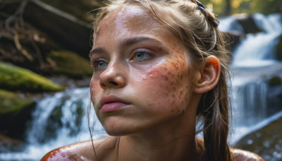 1girl, solo, long hair, blue eyes, blonde hair, water, blurry, lips, blurry background, portrait, realistic, nose, dirty, waterfall