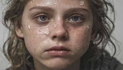 1girl,solo,long hair,looking at viewer,blue eyes,blonde hair,simple background,brown hair,closed mouth,tears,grey background,lips,wet,grey eyes,eyelashes,portrait,close-up,freckles,realistic,nose,sweat,blurry,messy hair,water drop