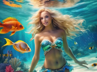 1girl,solo,long hair,breasts,smile,blue eyes,blonde hair,navel,cleavage,bare shoulders,medium breasts,swimsuit,bikini,parted lips,midriff,water,lips,strapless,floating hair,ocean,animal,sunlight,blue bikini,fish,bubble,light rays,underwater,realistic,air bubble,sunbeam,starfish,swimming,strapless bikini,freediving,coral,seaweed,clownfish,looking at viewer,teeth,monster girl,mermaid