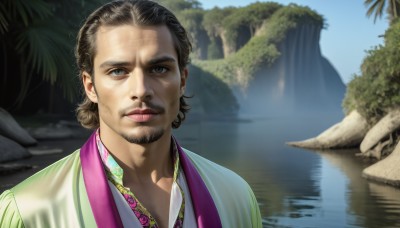 HQ,solo,looking at viewer,short hair,brown hair,black hair,1boy,brown eyes,closed mouth,upper body,male focus,outdoors,day,water,black eyes,tree,lips,facial hair,chinese clothes,portrait,beard,reflection,rock,realistic,mustache,waterfall,sky,sunlight