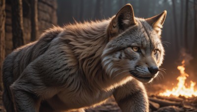 solo,brown eyes,closed mouth,outdoors,signature,blurry,no humans,depth of field,blurry background,animal,cat,fire,nature,forest,realistic,animal focus,whiskers,yellow eyes,teeth,campfire