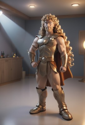 solo,long hair,looking at viewer,smile,blue eyes,blonde hair,1boy,very long hair,standing,full body,male focus,boots,artist name,indoors,cape,armor,muscular,facial hair,bottle,shoulder armor,beard,clenched hands,curly hair,breastplate,light,bracer,brown hair,teeth,belt,grin,watermark,alcohol,hands on hips,lamp,wine bottle,bar (place)