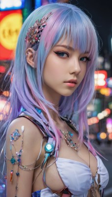 1girl,solo,long hair,breasts,looking at viewer,bangs,blue eyes,hair ornament,cleavage,bare shoulders,jewelry,medium breasts,blue hair,swimsuit,upper body,pink hair,bikini,multicolored hair,earrings,outdoors,parted lips,necklace,blurry,lips,eyelashes,gradient hair,makeup,depth of field,blurry background,piercing,gem,ear piercing,freckles,realistic,nose,green eyes,artist name,dark skin,from side,dark-skinned female,streaked hair,armlet,earphones,bokeh