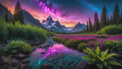 flower, outdoors, sky, cloud, water, tree, no humans, night, grass, plant, star (sky), nature, night sky, scenery, forest, starry sky, sunset, rock, mountain, river, landscape, purple sky