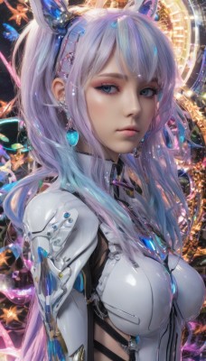 1girl,solo,long hair,breasts,looking at viewer,bangs,blue eyes,hair ornament,twintails,jewelry,medium breasts,closed mouth,blue hair,upper body,pink hair,white hair,multicolored hair,earrings,shiny,lips,eyelashes,bodysuit,gradient hair,makeup,headgear,expressionless,skin tight,science fiction,nose,hairband,artist name,armor,looking to the side,watermark,gem,realistic