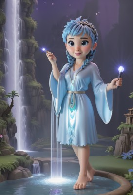 1girl,solo,long hair,looking at viewer,smile,blue eyes,dress,jewelry,blue hair,standing,tail,full body,braid,flower,outdoors,sky,barefoot,water,necklace,twin braids,feet,lips,toes,night,glowing,child,night sky,rock,wand,female child,magic,waterfall,blush,earrings,artist name,wide sleeves,grass,hair over shoulder,robe