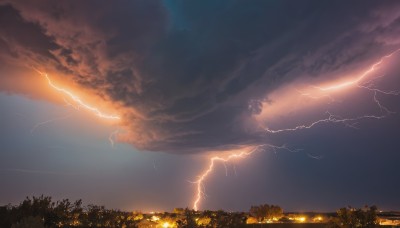 outdoors,sky,cloud,tree,no humans,cloudy sky,building,nature,scenery,forest,sunset,city,electricity,cityscape,lightning,landscape,water,night,grass,night sky,horizon,hill