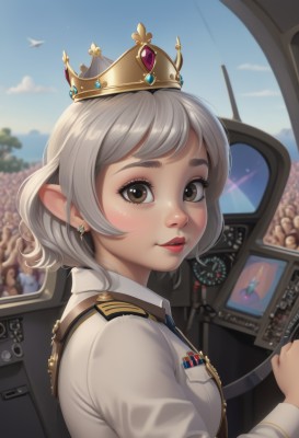 1girl,solo,breasts,looking at viewer,blush,smile,short hair,bangs,shirt,long sleeves,brown eyes,jewelry,white shirt,upper body,white hair,grey hair,earrings,outdoors,parted lips,necktie,sky,day,pointy ears,collared shirt,artist name,cloud,indoors,blurry,uniform,from side,blue sky,lips,military,eyelashes,military uniform,makeup,blurry background,bird,thick eyebrows,crown,lipstick,freckles,blue necktie,aircraft,nose,red lips,airplane,pilot,gem,epaulettes,medal