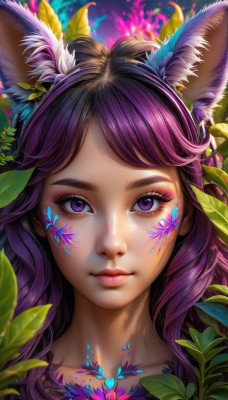 1girl,solo,long hair,looking at viewer,bangs,animal ears,closed mouth,purple eyes,collarbone,purple hair,lips,animal ear fluff,fox ears,eyelashes,makeup,swept bangs,leaf,facial mark,plant,lipstick,portrait,close-up,eyeshadow,freckles,pink lips,nose,eyeliner,mascara,flower,artist name,paint splatter