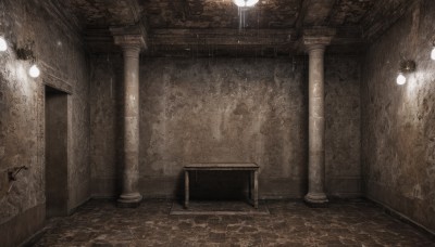 indoors,no humans,chair,scenery,stairs,door,light,wall,pillar,statue,ceiling,hallway,arch,chandelier,column,monochrome,plant,light particles,wooden floor,lamp,ceiling light