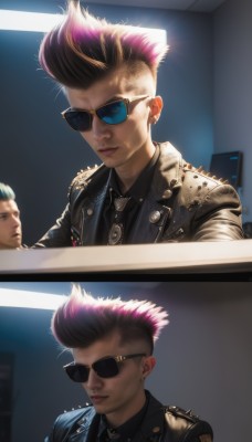 1girl,short hair,shirt,1boy,jewelry,closed mouth,jacket,upper body,pink hair,purple hair,comic,male focus,multicolored hair,earrings,necktie,collared shirt,indoors,mole,two-tone hair,lips,streaked hair,black jacket,black shirt,piercing,sunglasses,spiked hair,ear piercing,black necktie,spikes,realistic,nose,2koma,stud earrings,very short hair,leather,undercut,badge,leather jacket,mohawk,aviator sunglasses,looking at viewer,blue eyes,blonde hair,multiple boys,open clothes,solo focus,2boys,open jacket,tattoo,pompadour