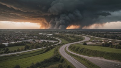 outdoors,sky,cloud,tree,no humans,cloudy sky,grass,fire,ground vehicle,building,nature,scenery,forest,smoke,mountain,city,road,cityscape,field,explosion,river,landscape,hill,ocean,sunset,horizon