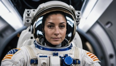 solo,looking at viewer,smile,black hair,1boy,brown eyes,closed mouth,upper body,male focus,dark skin,blurry,lips,blurry background,helmet,reflection,science fiction,realistic,space,american flag,spacesuit,astronaut,portrait,planet,earth (planet),spacecraft,space helmet