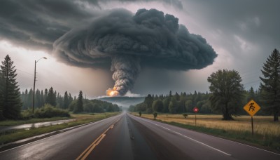 outdoors,sky,day,cloud,tree,no humans,cloudy sky,grass,nature,scenery,forest,monster,sign,road,bush,power lines,lamppost,utility pole,road sign,smoke,explosion,street