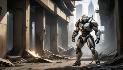 HQ,solo,1boy,standing,weapon,outdoors,armor,no humans,glowing,helmet,fire,robot,building,mecha,glowing eyes,science fiction,city,realistic,ruins,damaged,power armor,rubble