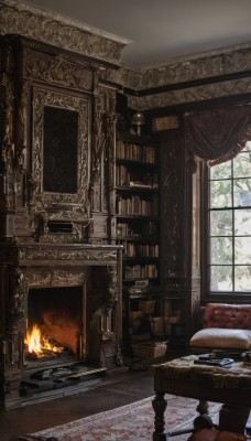 day,indoors,tree,book,no humans,window,chair,table,fire,curtains,scenery,couch,wooden floor,bookshelf,candle,book stack,armchair,painting (object),carpet,candlestand,burning,rug,chandelier,fireplace,solo,sitting,cup,pillow,blood