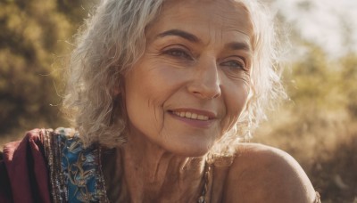 1girl,solo,looking at viewer,smile,1boy,jewelry,white hair,grey hair,male focus,outdoors,teeth,day,necklace,grin,blurry,lips,grey eyes,depth of field,blurry background,portrait,curly hair,realistic,old,old man,old woman,wrinkled skin,short hair,brown eyes,sunlight