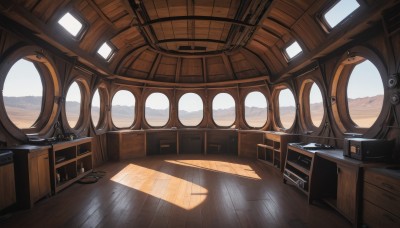 sky,day,cloud,indoors,no humans,window,shadow,chair,table,sunlight,scenery,desk,wooden floor,drawer,cabinet