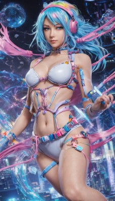 1girl,solo,long hair,breasts,looking at viewer,bangs,blue eyes,gloves,navel,cleavage,bare shoulders,jewelry,medium breasts,closed mouth,blue hair,collarbone,swimsuit,bikini,parted lips,choker,belt,nail polish,bracelet,lips,thigh strap,headphones,white bikini,ring,blue nails,science fiction,realistic,planet,standing,cowboy shot,artist name,water,stomach,watermark,web address,cable,space,cyberpunk,holographic interface,hologram