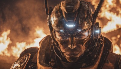 solo,looking at viewer,blue eyes,1boy,upper body,male focus,armor,military,glowing,helmet,robot,portrait,mecha,glowing eyes,smoke,science fiction,realistic,explosion,sepia,facial hair,fire