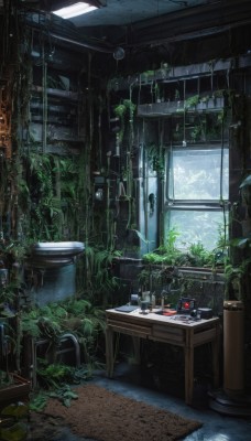 day,indoors,tree,cup,no humans,window,chair,table,sunlight,plant,scenery,potted plant,cable,ruins,vines,overgrown,bottle,desk,wooden floor,glass,lamp,computer,stool,monitor