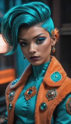 1girl,solo,breasts,looking at viewer,short hair,shirt,hair ornament,brown eyes,jewelry,blue hair,upper body,multicolored hair,earrings,parted lips,blurry,vest,two-tone hair,lips,eyelashes,aqua hair,makeup,buttons,blurry background,thick eyebrows,blue shirt,lipstick,gem,eyeshadow,asymmetrical hair,realistic,nose,eyeliner,blue vest,purple lips,mascara,aqua shirt,blue eyes,medium breasts,jacket,green hair,open clothes,teeth,artist name,open jacket,fur trim,turtleneck,piercing,brown jacket,badge,orange jacket,blue lips,blue eyeshadow