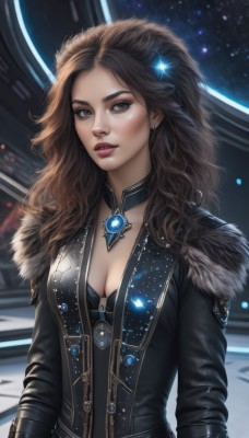 1girl,solo,long hair,breasts,looking at viewer,brown hair,hair ornament,long sleeves,cleavage,brown eyes,jewelry,medium breasts,jacket,upper body,earrings,parted lips,choker,artist name,star (symbol),lips,coat,fur trim,makeup,wavy hair,gem,fur collar,curly hair,realistic,nose,underwear,necklace,bra,black jacket,bodysuit,lipstick,star (sky),science fiction,space