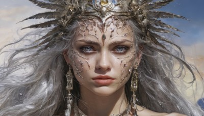 1girl,solo,long hair,looking at viewer,blue eyes,hair ornament,jewelry,closed mouth,grey hair,earrings,outdoors,sky,day,cloud,necklace,lips,grey eyes,eyelashes,floating hair,expressionless,piercing,feathers,wind,gem,portrait,realistic,headdress,close-up,nose,straight-on,gold