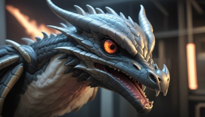 HQ,solo,open mouth,red eyes,upper body,horns,teeth,tongue,blurry,no humans,blurry background,fangs,sharp teeth,slit pupils,colored sclera,monster,dragon,scales,kaijuu,orange eyes