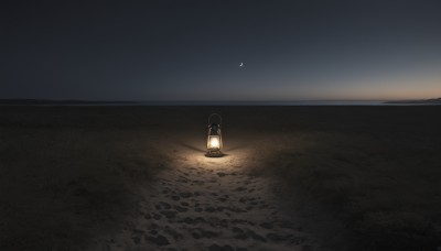 1girl,solo,holding,outdoors,sky,water,from behind,no humans,night,shadow,ocean,beach,moon,star (sky),night sky,scenery,lantern,sand,horizon,light,dark,crescent moon,shore,holding lantern