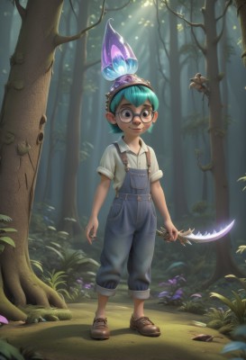 1girl,solo,looking at viewer,smile,short hair,blue eyes,shirt,1boy,hat,holding,closed mouth,blue hair,standing,full body,white shirt,weapon,flower,short sleeves,male focus,outdoors,green hair,shoes,glasses,pointy ears,collared shirt,holding weapon,black eyes,tree,aqua hair,glowing,brown footwear,suspenders,bug,knife,child,nature,forest,freckles,black-framed eyewear,round eyewear,holding knife,overalls,male child,open mouth,:d,teeth,bird,animal,sunlight,grass,plant,goggles,dagger