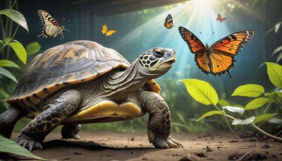 HQ,standing,outdoors,day,blurry,pokemon (creature),no humans,animal,leaf,sunlight,bug,plant,butterfly,nature,claws,forest,light rays,realistic,sunbeam,animal focus,turtle,dinosaur,lizard,solo,full body,blurry background,snake,scales