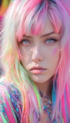 1girl,solo,long hair,looking at viewer,bangs,blue eyes,jewelry,closed mouth,pink hair,multicolored hair,necklace,blurry,lips,grey eyes,eyelashes,makeup,depth of field,blurry background,expressionless,portrait,close-up,eyeshadow,realistic,nose,colorful,rainbow hair,parted lips,blunt bangs,gradient hair,pink lips