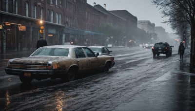 outdoors,multiple boys,sky,solo focus,tree,ground vehicle,building,scenery,motor vehicle,snow,rain,city,car,road,multiple others,vehicle focus,police,lamppost,bare tree,street,grey sky,sports car,truck,people,standing,no humans,window,night,realistic,ambiguous gender,puddle