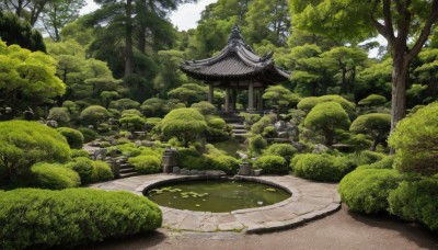 outdoors,sky,day,water,tree,no humans,grass,building,nature,scenery,forest,stairs,road,bush,architecture,east asian architecture,shrine,path,pavement,stone lantern,real world location,traditional media,plant,rock,pond