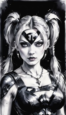 1girl,solo,long hair,breasts,looking at viewer,cleavage,twintails,jewelry,medium breasts,closed mouth,collarbone,monochrome,upper body,braid,greyscale,earrings,necklace,armor,twin braids,lips,eyelashes,makeup,lipstick,shoulder armor,spot color,pauldrons,nose,hair tie,shoulder pads,bangs,sidelocks,shiny,artist name,signature,star (symbol),bodysuit,facial mark,piercing,short twintails,realistic,facepaint