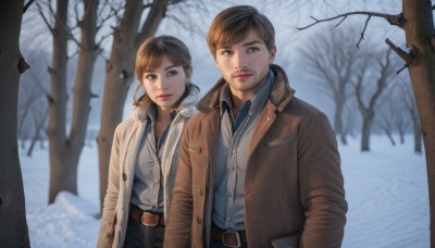 1girl,looking at viewer,smile,short hair,bangs,brown hair,shirt,black hair,1boy,twintails,brown eyes,jacket,white shirt,ponytail,outdoors,open clothes,collared shirt,belt,pants,blurry,tree,lips,coat,dress shirt,buttons,facial hair,nature,snow,buckle,forest,brown jacket,belt buckle,realistic,stubble,winter,brown coat,bare tree,closed mouth,upper body,day,open jacket,blurry background,blue shirt,open coat,hands in pockets,winter clothes,brown belt