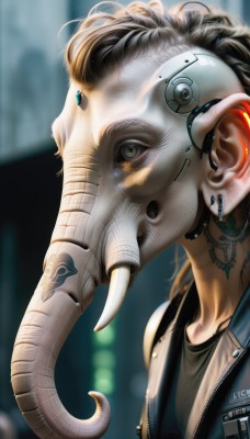 1girl,solo,looking at viewer,short hair,shirt,black hair,jewelry,green eyes,jacket,earrings,horns,artist name,blurry,tattoo,mask,depth of field,blurry background,piercing,portrait,zipper,science fiction,cyborg,barcode,cyberpunk,1boy,collarbone,upper body,male focus,open clothes,vest,open jacket,lips,black shirt,eyelashes,watermark,web address,realistic,nose,android,leather,leather jacket,earpiece