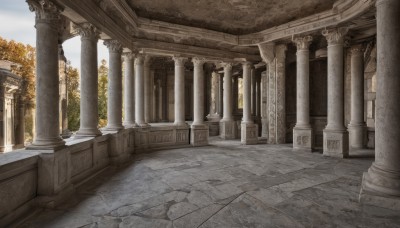 outdoors,sky,day,tree,blue sky,dutch angle,no humans,sunlight,building,scenery,stairs,architecture,ruins,pillar,statue,arch,column,pavement,stone floor,cloud,cloudy sky,light rays