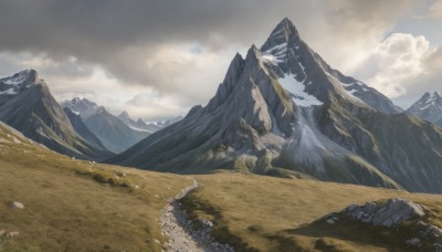 outdoors,sky,day,cloud,blue sky,no humans,cloudy sky,grass,scenery,rock,mountain,landscape,mountainous horizon,cliff,signature,tree,sunlight,nature