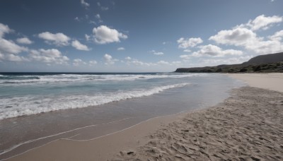 outdoors,sky,day,cloud,water,blue sky,no humans,ocean,beach,cloudy sky,scenery,sand,horizon,waves,landscape,shore,rock