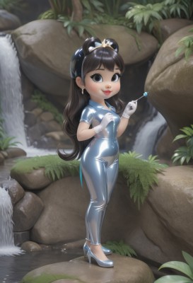 1girl,solo,long hair,breasts,looking at viewer,smile,brown hair,black hair,gloves,holding,brown eyes,jewelry,standing,full body,short sleeves,earrings,small breasts,outdoors,shoes,shiny,white gloves,water,black eyes,high heels,loli,bodysuit,tiara,crown,nature,skin tight,shiny clothes,rock,latex,waterfall,blue bodysuit,latex bodysuit,stream,shiny hair,lips,leaf,watermark,grass,web address,zipper,hair rings,zipper pull tab,syringe,river,pond