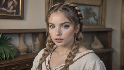 1girl,solo,long hair,looking at viewer,blue eyes,brown hair,dress,collarbone,upper body,braid,parted lips,indoors,white dress,blurry,twin braids,lips,grey eyes,blurry background,plant,portrait,hair over shoulder,freckles,realistic,nose,potted plant,picture frame,painting (object),portrait (object),parody,forehead,vase,fine art parody