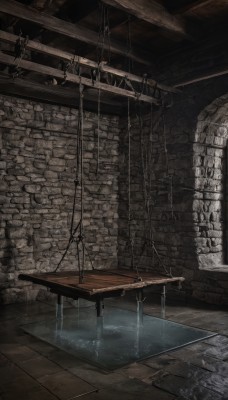 indoors,water,no humans,window,table,scenery,wooden floor,stairs,ruins,wood,weapon,sword,wall,brick wall,stone wall,brick floor