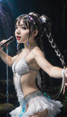 1girl,solo,long hair,breasts,looking at viewer,open mouth,skirt,brown hair,black hair,hair ornament,dress,holding,twintails,brown eyes,jewelry,underwear,braid,earrings,small breasts,teeth,tongue,hairclip,water,necklace,nail polish,blurry,black eyes,twin braids,bracelet,from side,lips,makeup,lipstick,microphone,realistic,nose,music,holding microphone,singing,ass,flat chest,revealing clothes