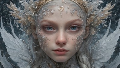 1girl,solo,long hair,looking at viewer,blue eyes,hair ornament,closed mouth,white hair,grey hair,wings,artist name,blurry,lips,eyelashes,feathers,portrait,feathered wings,snow,close-up,freckles,ice,crystal,realistic,nose,white wings,expressionless,crown,gem,straight-on