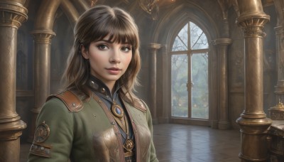 1girl,solo,long hair,breasts,looking at viewer,smile,bangs,brown hair,brown eyes,jewelry,jacket,upper body,indoors,medium hair,necklace,black eyes,tree,lips,window,pendant,green jacket,realistic,nose,pillar,arch,column,black hair,uniform,military,military uniform,makeup,gem